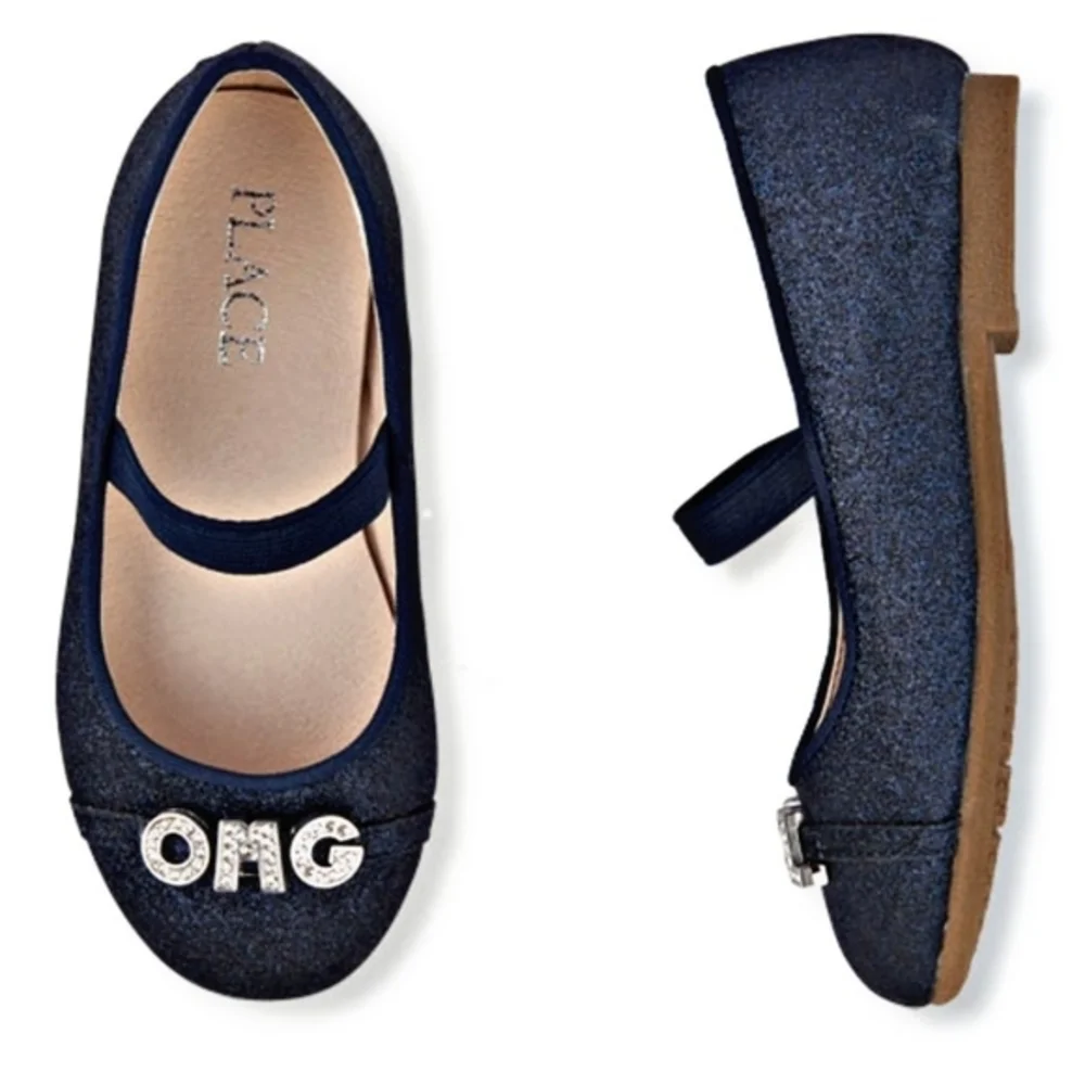 The Children’s Place ✦ Navy Glitter Flats ✦ Vegan Leather OMG LOL Charms 6 NWT